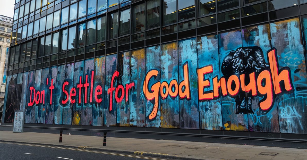Street mural reading ‘Don’t Settle for Good Enough’ with an elephant