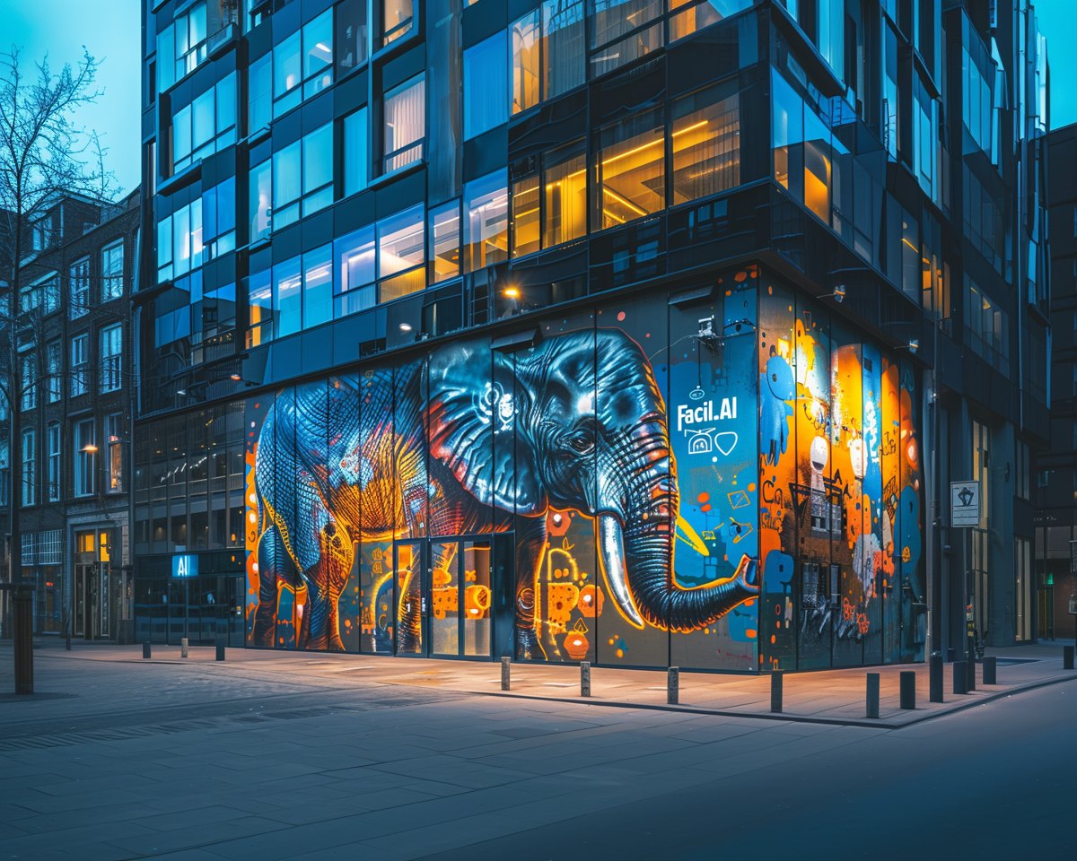 Facil.AI elephant mural on a building corner at dusk